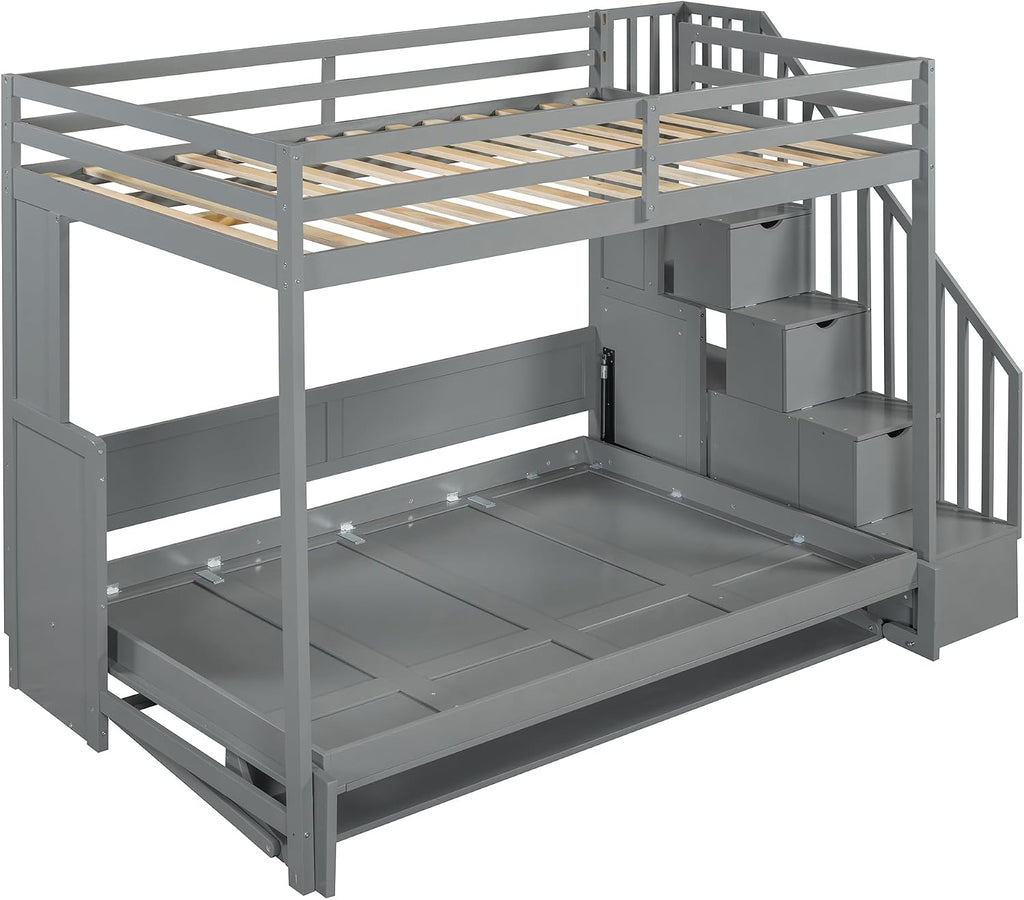 Merax Modern Farmhouse Solid Wood Loft Bed with Murphy Bed Cabinet w/Hydraulic Lift Full Over Full, Wall Bunk Bed with Storage Staircase, Shleves & Desk/Space Saving/Wood Slat Support/Gray