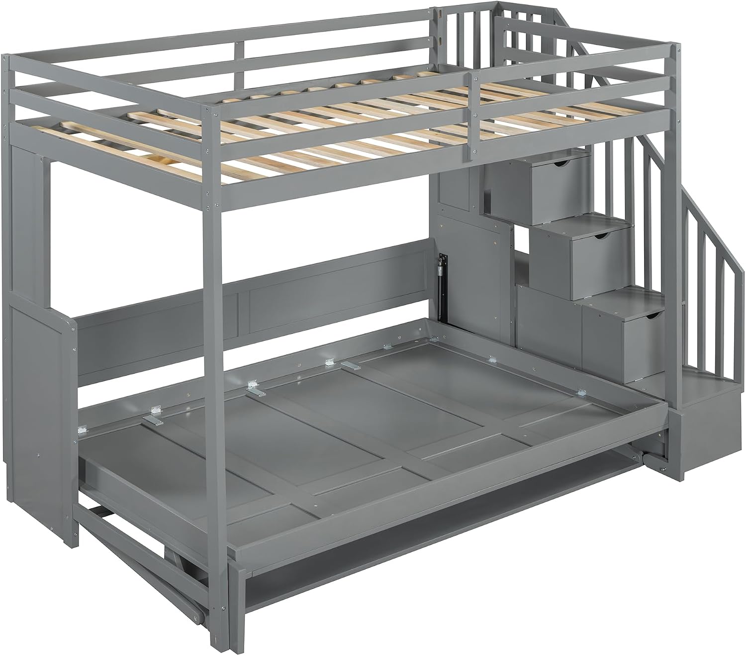 Merax Modern Farmhouse Solid Wood Loft Bed with Murphy Bed Cabinet w/Hydraulic Lift Full Over Full, Wall Bunk Bed with Storage Staircase, Shleves & Desk/Space Saving/Wood Slat Support/Gray