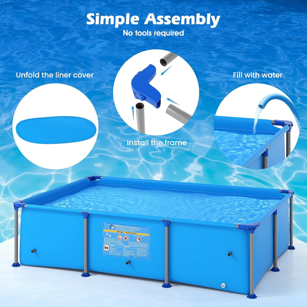GYMAX 8.5' x 6' x 26' Metal Frame Above Ground Swimming Pool, Outdoor Backyard Famliy Pool w/Puncture-Resistant Fabric, Drainage Valve Connector for Kids & Adults (8.5' x 6' x 26', Rectangle, Blue)
