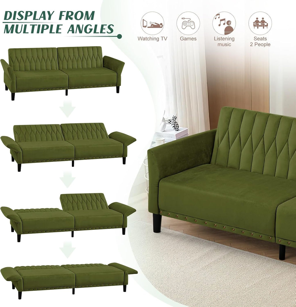 77' Velvet Sofa Bed with Adjustable Armrests and Backrests,Tufted Convertible Futon Couch with Nailhead Trim, Loveseat Modern Velvet Sleeper Sofa for Living Room,Bedroom,Office, Olive Green