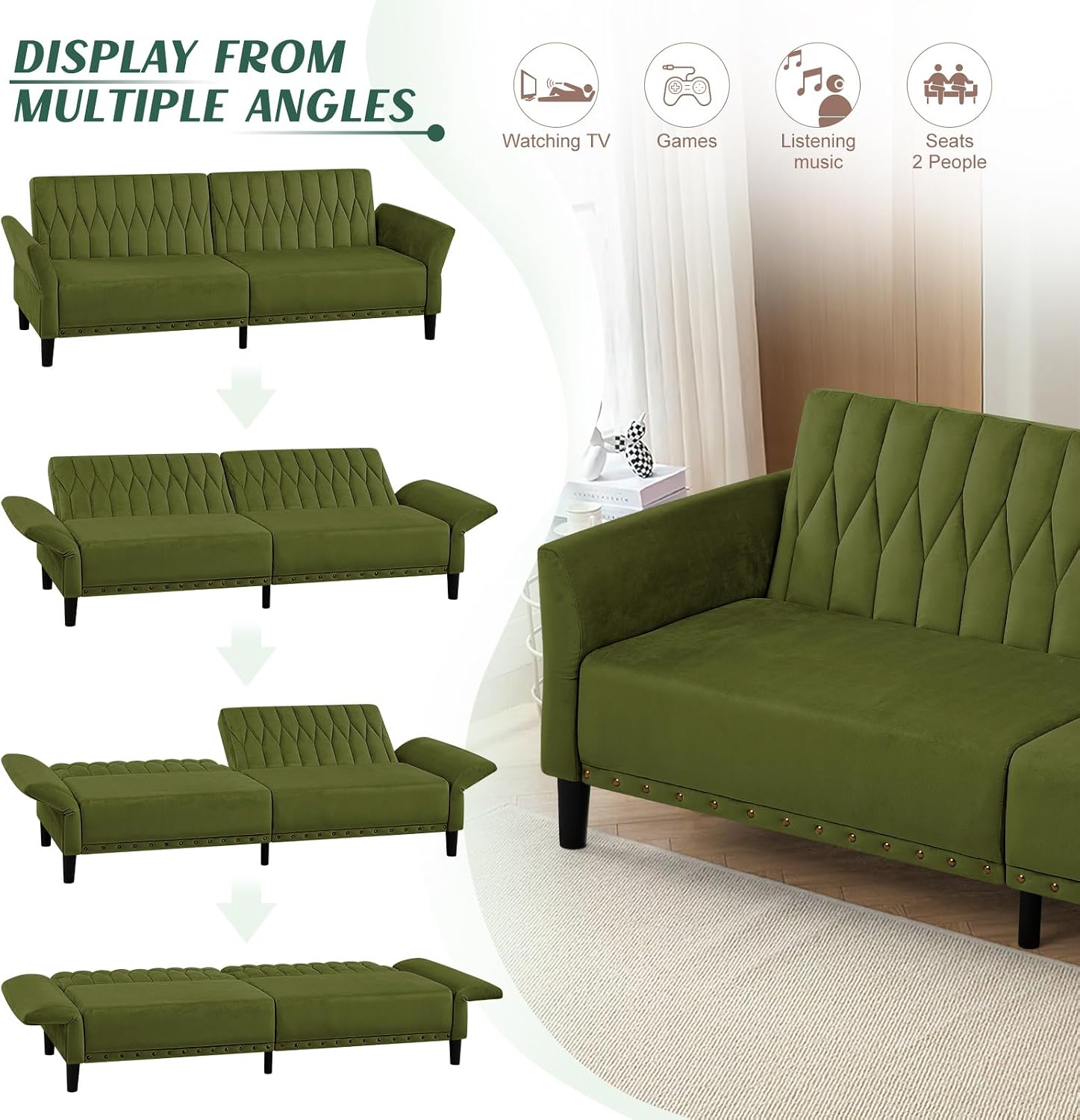 77' Velvet Sofa Bed with Adjustable Armrests and Backrests,Tufted Convertible Futon Couch with Nailhead Trim, Loveseat Modern Velvet Sleeper Sofa for Living Room,Bedroom,Office, Olive Green