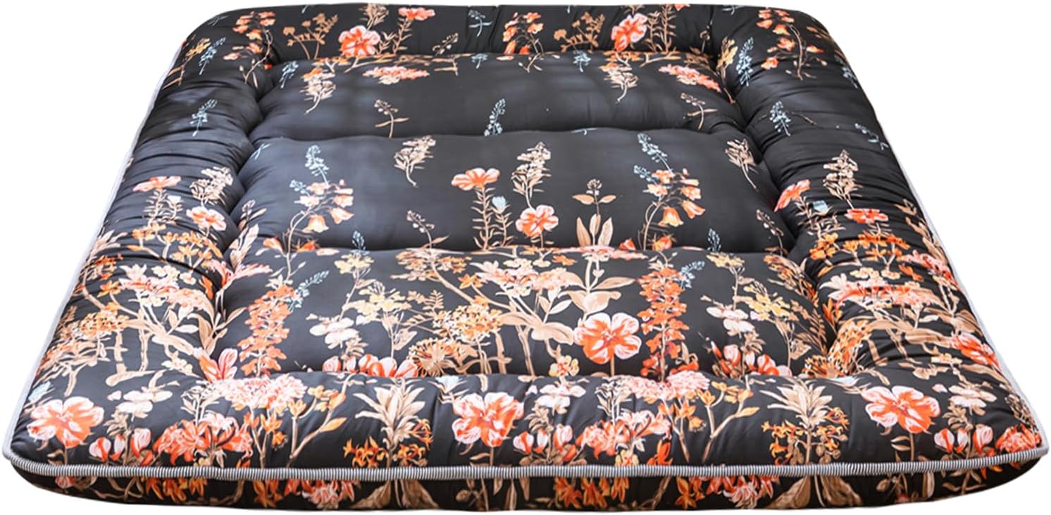 MAXYOYO Black Floral Japanese Futon Floor Mattress, Mattress Topper Portable Thick Sleeping Pad Floor Mat Roll Up Camping Mattress Folding Couch Mattress Pad for Guest Room King