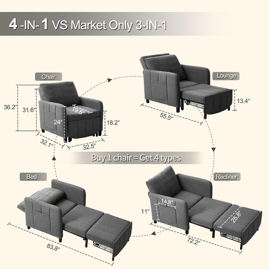 ZZW Sleeper Chair 84' Extra Long Convertible Chair Bed Upgraded 3-in-1 to 4-in-1 Pull Out Chair & Single Sofa Bed for Adult Sleeping Chair for Living Room & Small Space (Dark Grey)