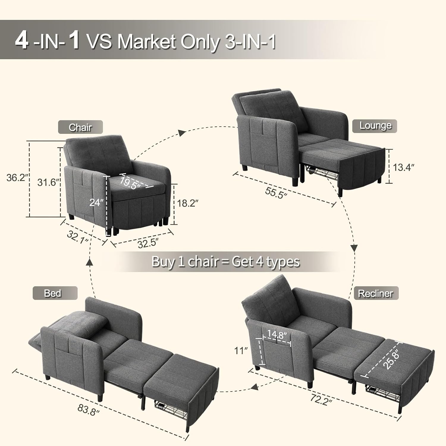 ZZW Sleeper Chair 84' Extra Long Convertible Chair Bed Upgraded 3-in-1 to 4-in-1 Pull Out Chair & Single Sofa Bed for Adult Sleeping Chair for Living Room & Small Space (Dark Grey)
