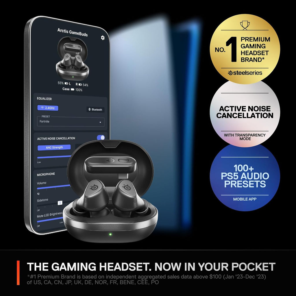 SteelSeries Arctis GameBuds for PlayStation/PC/Switch/Mobile — 2.4GHz + Bluetooth 5.3 Earbuds — ANC — Mobile App Sound Presets — Water Resistant IP55 — 40H Battery with Qi Charging Case - Black