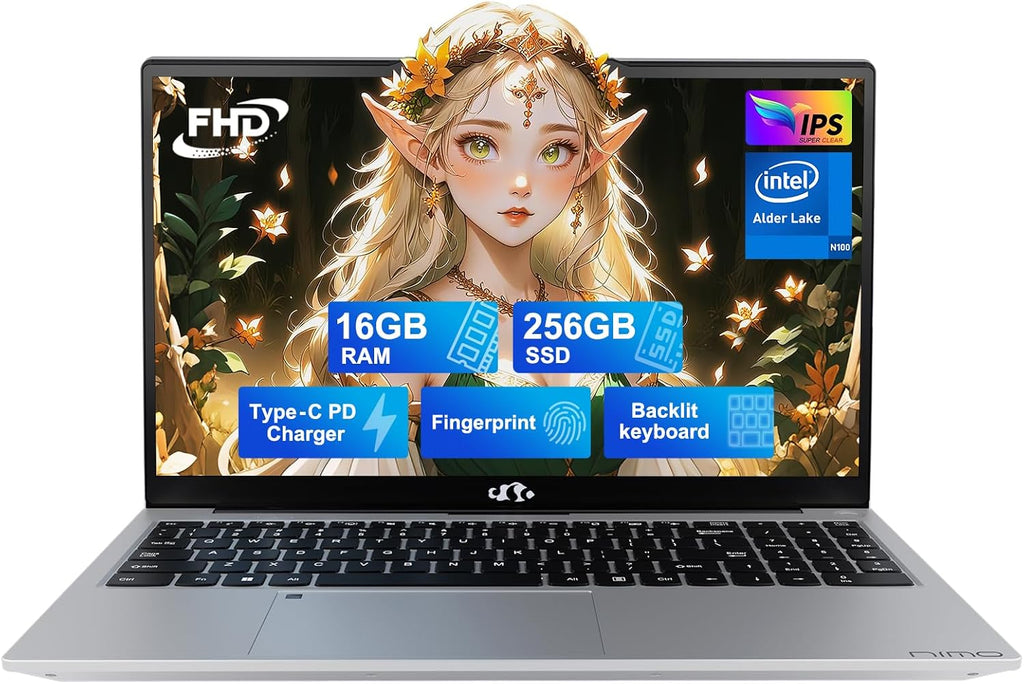 NIMO 15.6' IPS FHD-Laptop, Intel Pentium Quad Core N100 16GB RAM 256GB SSD (Beat i3-1115G4, Up to 3.4GHz) Computer with Backlit Keyboard Fingerprint Type-C WiFi 6 BT5.2, for Student and Home