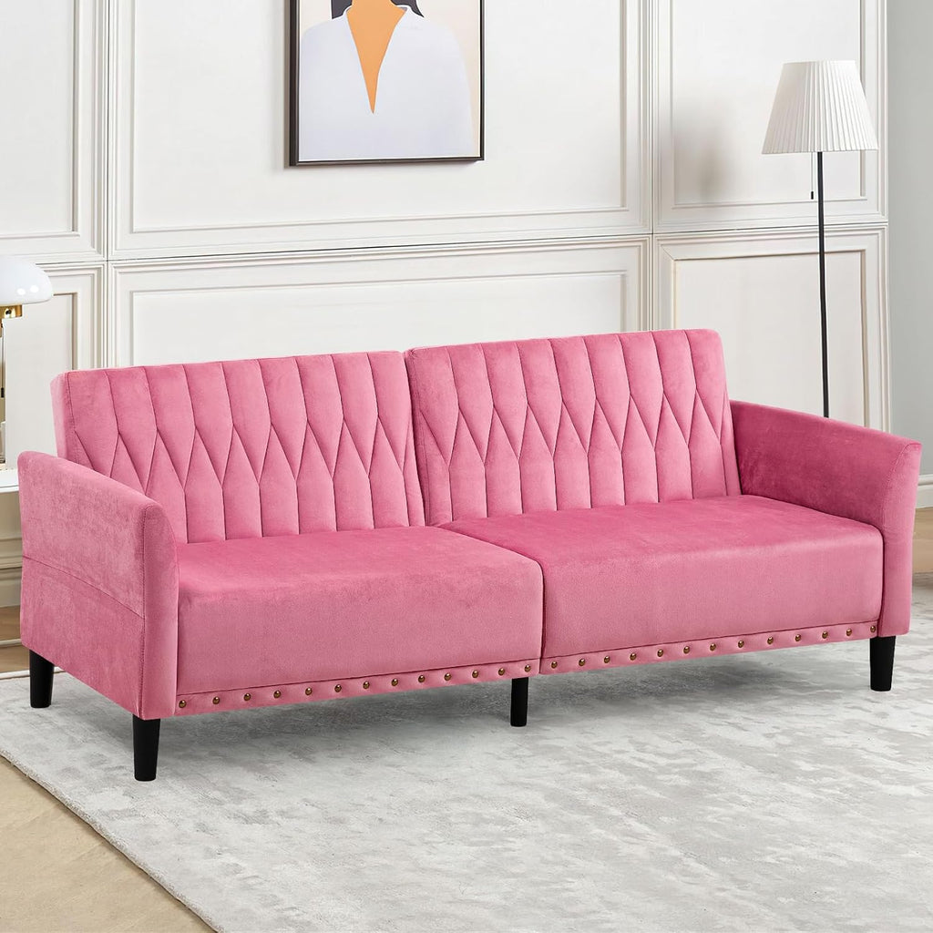 77' Velvet Sofa Bed with Adjustable Armrests and Backrests,Tufted Convertible Futon Couch with Nailhead Trim, Loveseat Modern Velvet Sleeper Sofa for Living Room,Bedroom,Office,Pink
