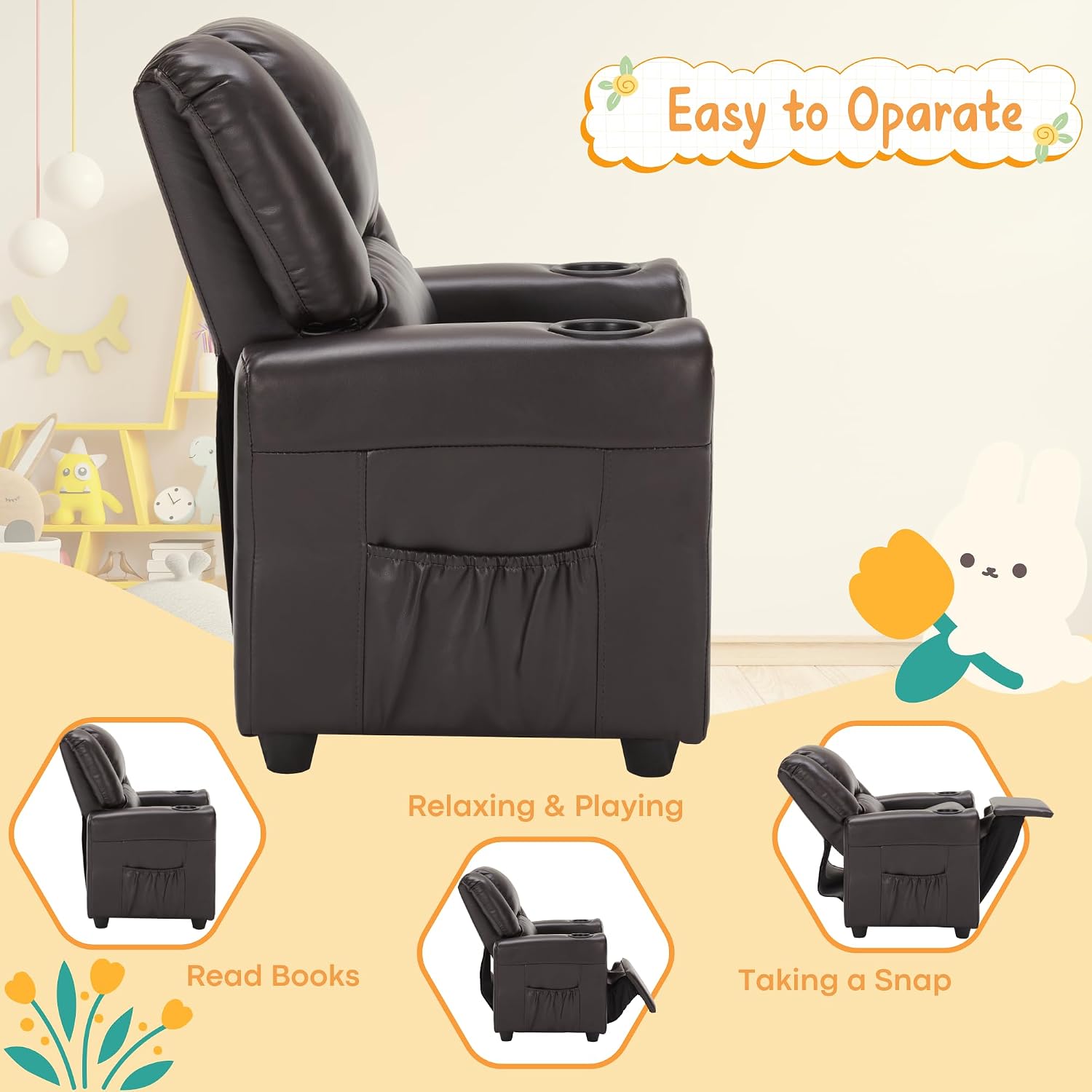 Candy Kids Reclining Chair Leather Recliner Sofa Push Back Toddler Youth Children Child Ages 1-6