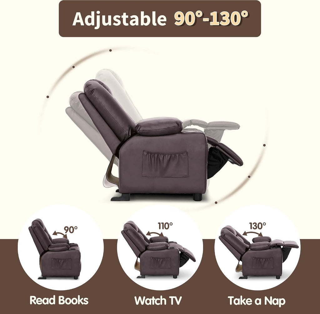 MCombo Big Kids Recliner for Ages 3+, Child Reclining Chair, Toddlers Recliner Sofa with Cup Holders, Faux Leather, 7322(Dark Brown)
