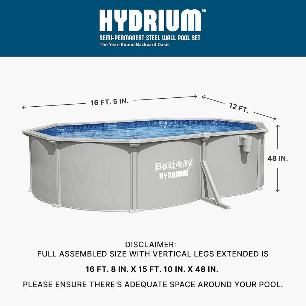 Bestway Hydrium 16'5' x 12' x 48' Above Ground Pool, Oval Steel Side Wall Frame Outdoor Swimming Pool Set with Sand Filter Pump, Polysphere Filtration Balls, Ladder & Accessories