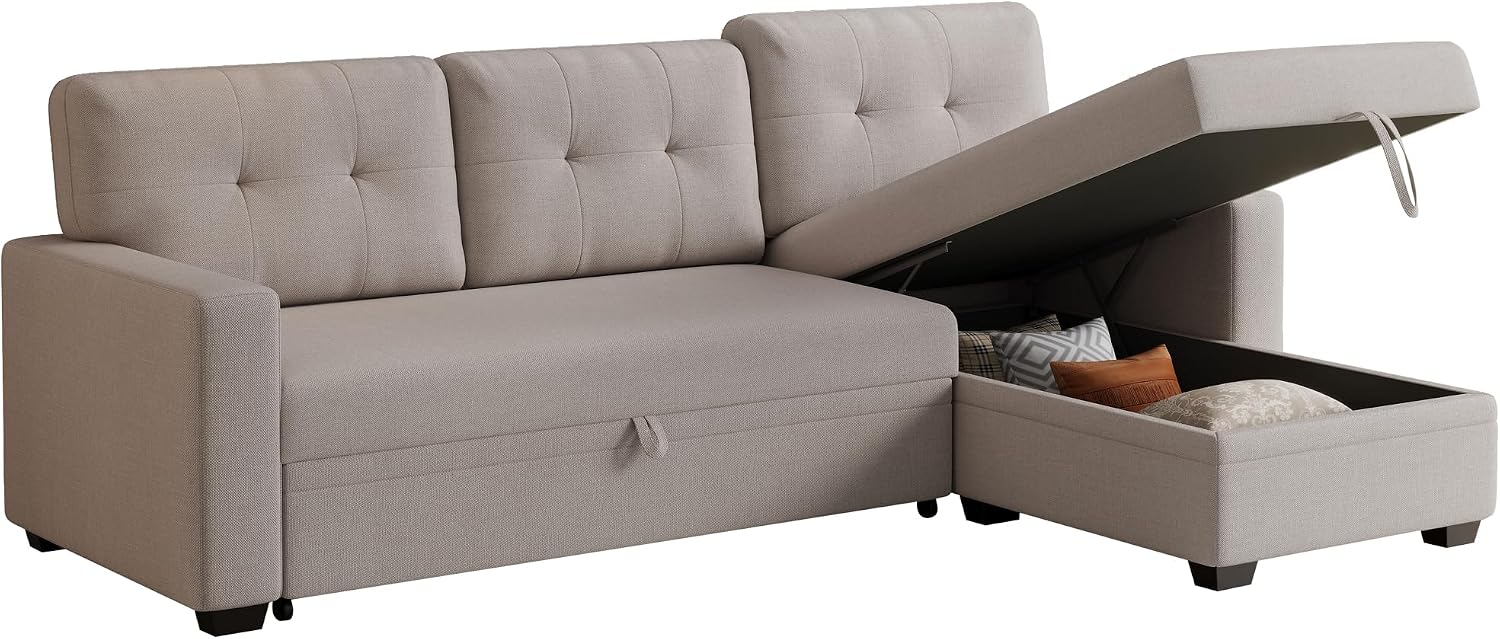 Ball & Cast Convertible Sectional Sleeper Sofa Bed L Shaped,4 in 1 Pull Out Couch with Reversible Storage Chaise & Removable Back Cushions,Sleeper Corner Pull Out Sofa Bed Couch for Living Room,Office