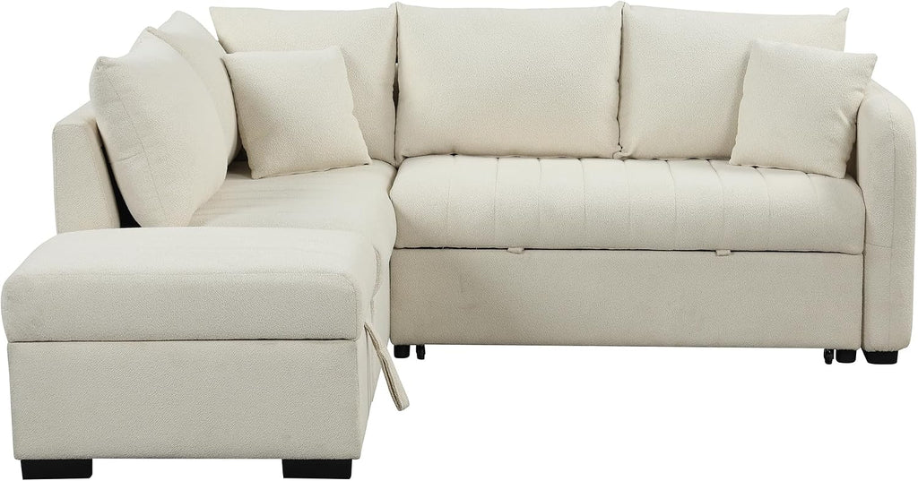 LUMISOL 82.6' Convertible Sleeper Sofa Bed with Storage Ottoman, L-Shaped Sectional Sofa with Charging Stations, Pull Out Sofa Couch with Chaise for Living Room, Apartment, Beige