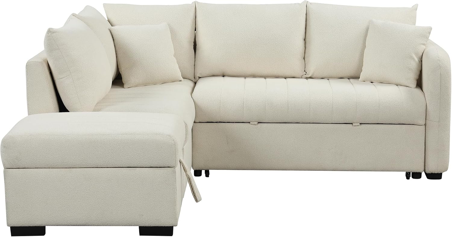 LUMISOL 82.6' Convertible Sleeper Sofa Bed with Storage Ottoman, L-Shaped Sectional Sofa with Charging Stations, Pull Out Sofa Couch with Chaise for Living Room, Apartment, Beige