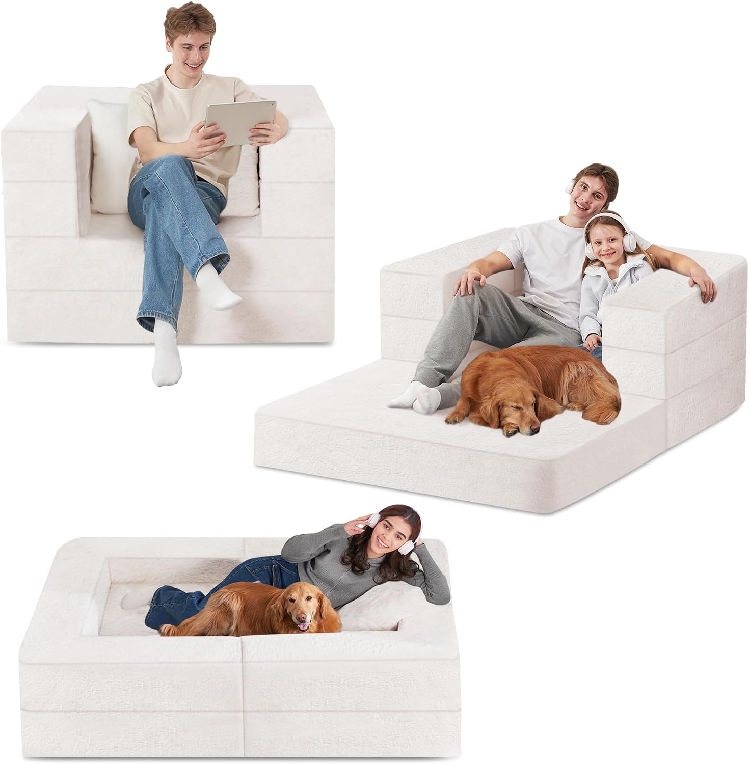 Futon Sofa Bed with Pillow, 3-in-1 Sleeper Sofa Bed with Removable Cover, Convertible Floor Sofa Bed, No Assembly Boneless Couch for Living Room, Bedroom