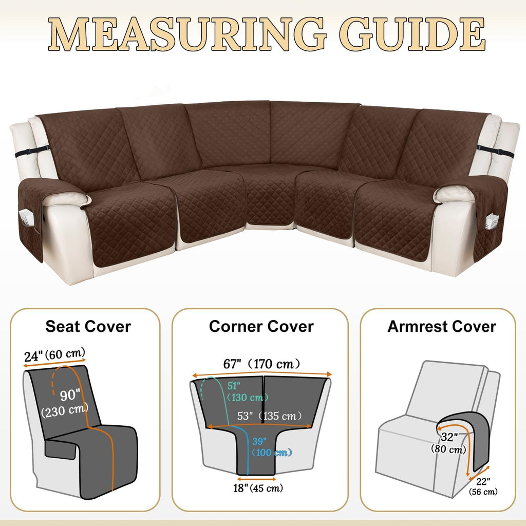 HDCAXKJ 100% Waterproof Velvet Recliner Sectional Couch Covers L Shaped Corner Reclining Sofa Cover Washable Thick Non Slip Sectional Slipcover with Pockets (5 Seat and 1 Middle Console, Coffee)
