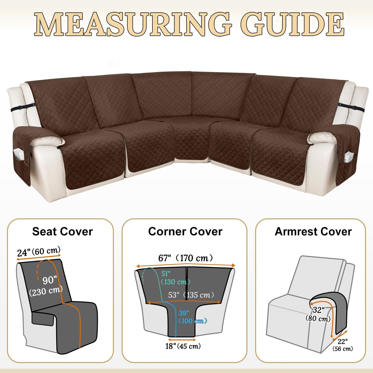 HDCAXKJ 100% Waterproof Velvet Recliner Sectional Couch Covers L Shaped Corner Reclining Sofa Cover Washable Thick Non Slip Sectional Slipcover with Pockets (5 Seat and 1 Middle Console, Coffee)