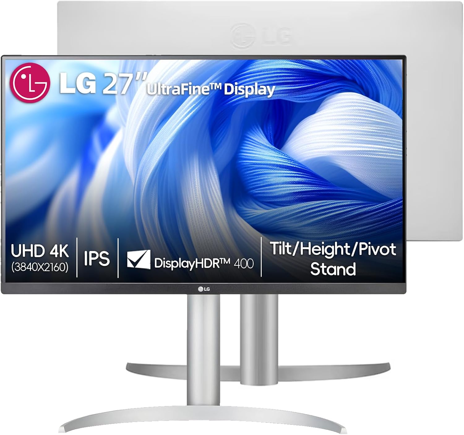 LG 27' Ultrafine 4K UHD (3840 x 2160) Monitor, 60Hz, VESA DisplayHDR™ 400, 5ms, Dynamic Action Sync, Flicker Safe, HDMI & DisplayPort, VESA Mount, Tilt/Height/Pivot Adjustable, White
