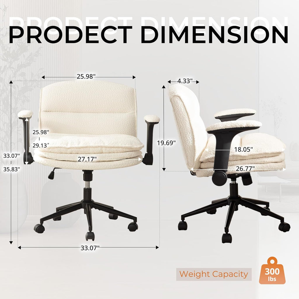 Dowinx Criss Cross Chair with Adjustable Flip-up Arms and Wheels, Comfort Ergonomic Office Desk Armchair with 3 Layer Cushions, Wide Seat Vanity Chair for Home Office, Living Room, Bedroom, Beige
