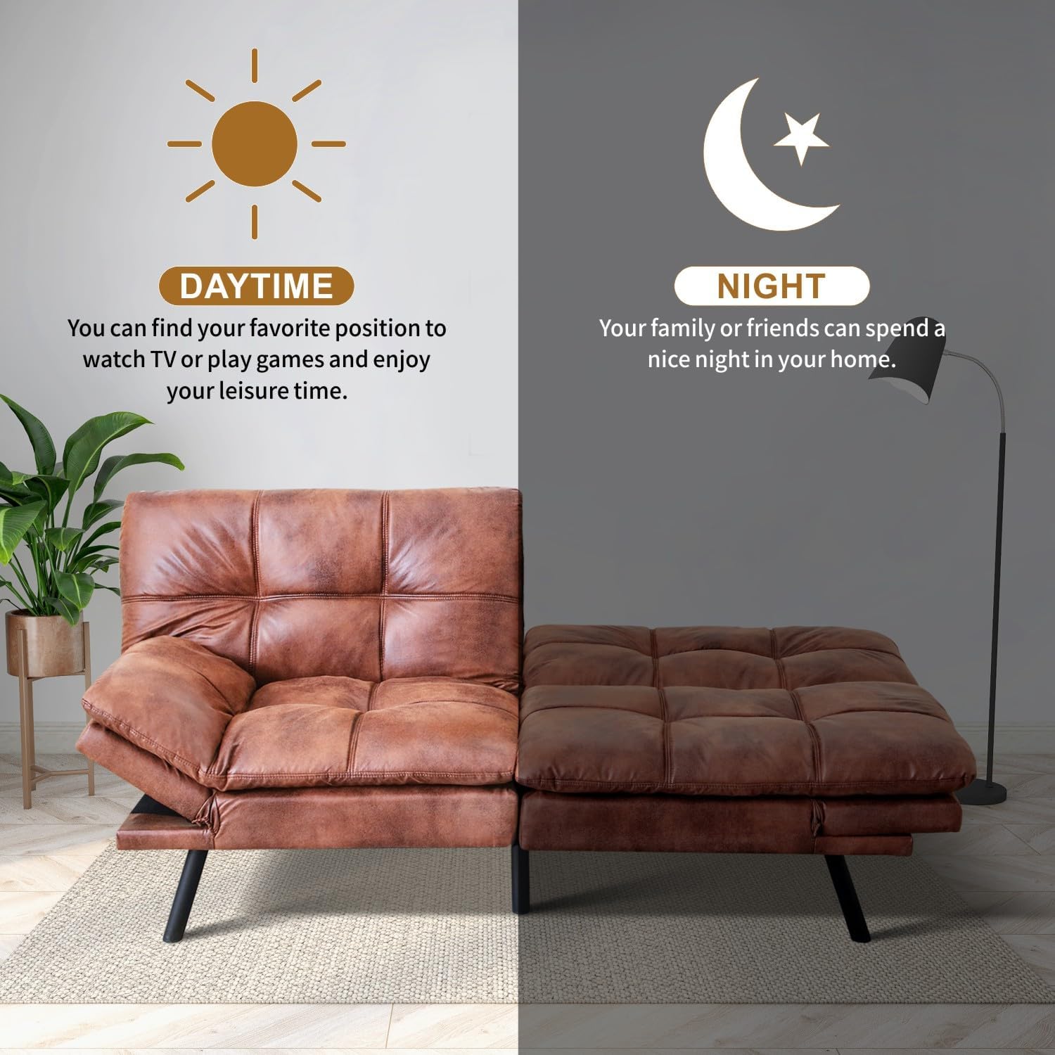 MUUEGM Convertible Memory Foam Sofa Bed with Adjustable Backrest & Armrest, Modern Futon Couch for Living Room, Office, Apartment, Space-Saving Design, Easy Assembly,Brown Leather