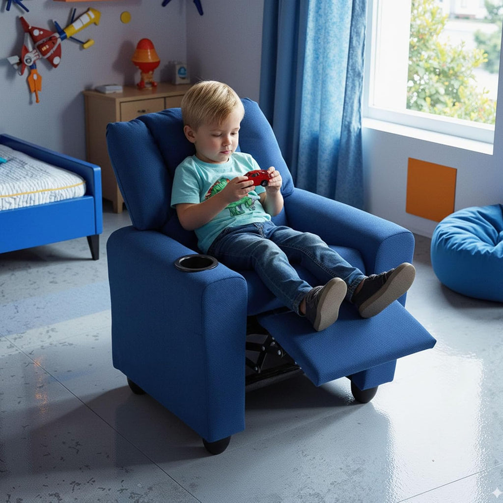 GLACER Kids Recliner with Cup Holder, Fabric Toddler Lounge Chair w/Adjustable Backrest & Footrest, Spring-Loaded Seat Cushion, Push Back Toddler Sofa for Boys & Girls Ages 3+ Years Old (Blue)