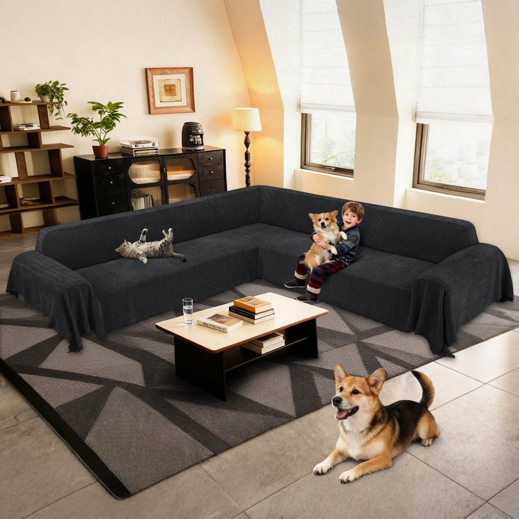 1OO% Waterproof Corner Sectional Couch Covers L Shape Chenille Sectional Sofa Cover with Tassel Soft Thick Washable Sofa Slipcover Furniture Protector for Dogs Pets (91' x 276', Dark Black)