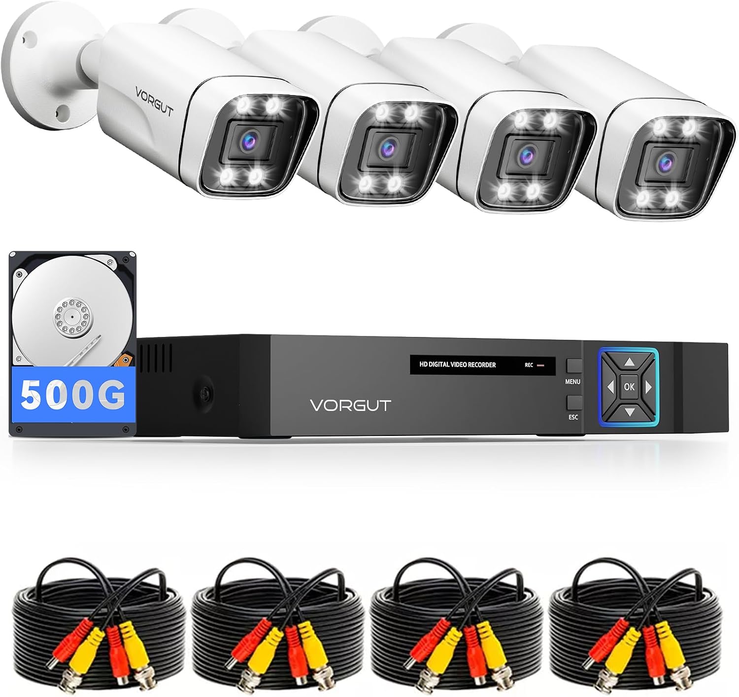 Wired Security Camera System, 4CH 5MP Lite AHD TVI DVR Recorder Surveillance DVR Kit, 4 x 5MP Dual Light CCTV Camera for Outdoor Use, Metal Shell, Smart Color Night Vision, Motion Detection, 500G HDD