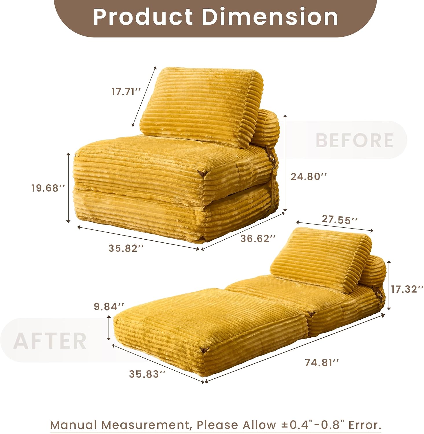 ovios Folding Sofa Bed, Foldable Sleeper Chair Floor Futon, Comfy Portable Convertible Fold Out Lounge Chairs for Living Room Bedroom, Yellow