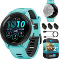 Garmin 010-02810-02 Forerunner 265 GPS Smartwatch Aqua/Black Bundle with Deco Essentials Silicone Dust Cover 3 Pack, Round Tempered Glass Screen Protector and 2 YR CPS Enhanced Protection Pack