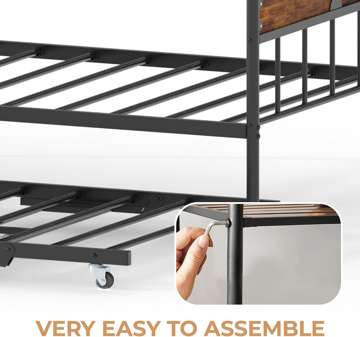 Daybed with Trundle, Metal Twin Size Day Bed with Stylish Headboard, Sofa BedFrame with Pop Up Foldable Trundle Bed, Heavy Duty Steel Slats Platform for Living Room, Bedroom and Guest Room, Brown