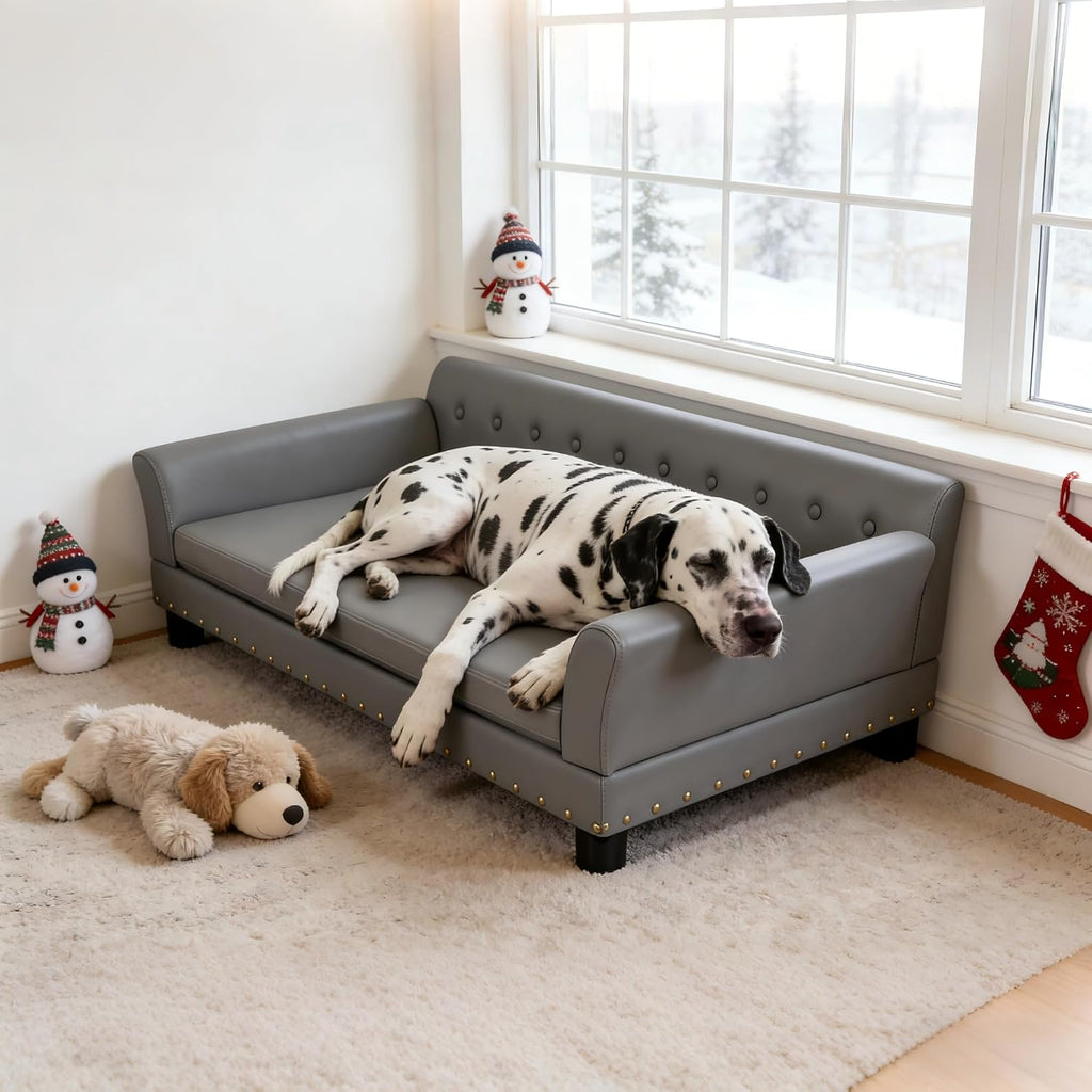 BingoPaw Large Leather Dog Sofa: Jumbo Pet Couch Made by Scratching Resistant Microfiber Leather - Indoor Elevated Dogs Chaise Bed for Doggy up to 120lbs