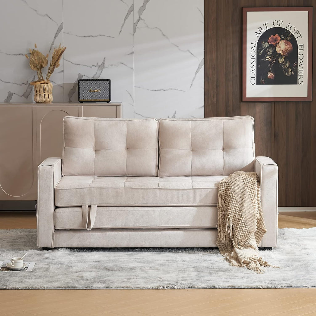 VINGLI Upgraded 64' W 84' L Full Size Futon Sofa Bed, 6' Thick Upholstery Chenille Loveseat Sofa Sleeper Pull Out Couch,Convertible Floor Couch for Living Room, Bedroom, Entertainment Room, Beige