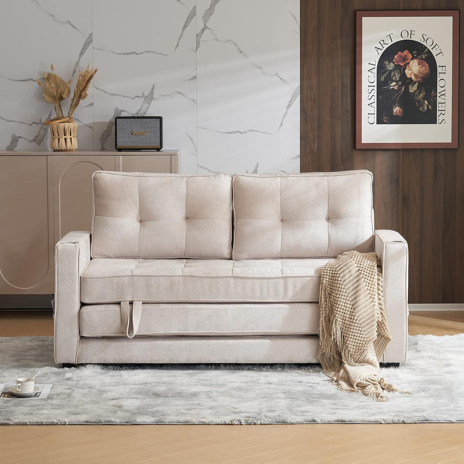 VINGLI Upgraded 64' W 84' L Full Size Futon Sofa Bed, 6' Thick Upholstery Chenille Loveseat Sofa Sleeper Pull Out Couch,Convertible Floor Couch for Living Room, Bedroom, Entertainment Room, Beige