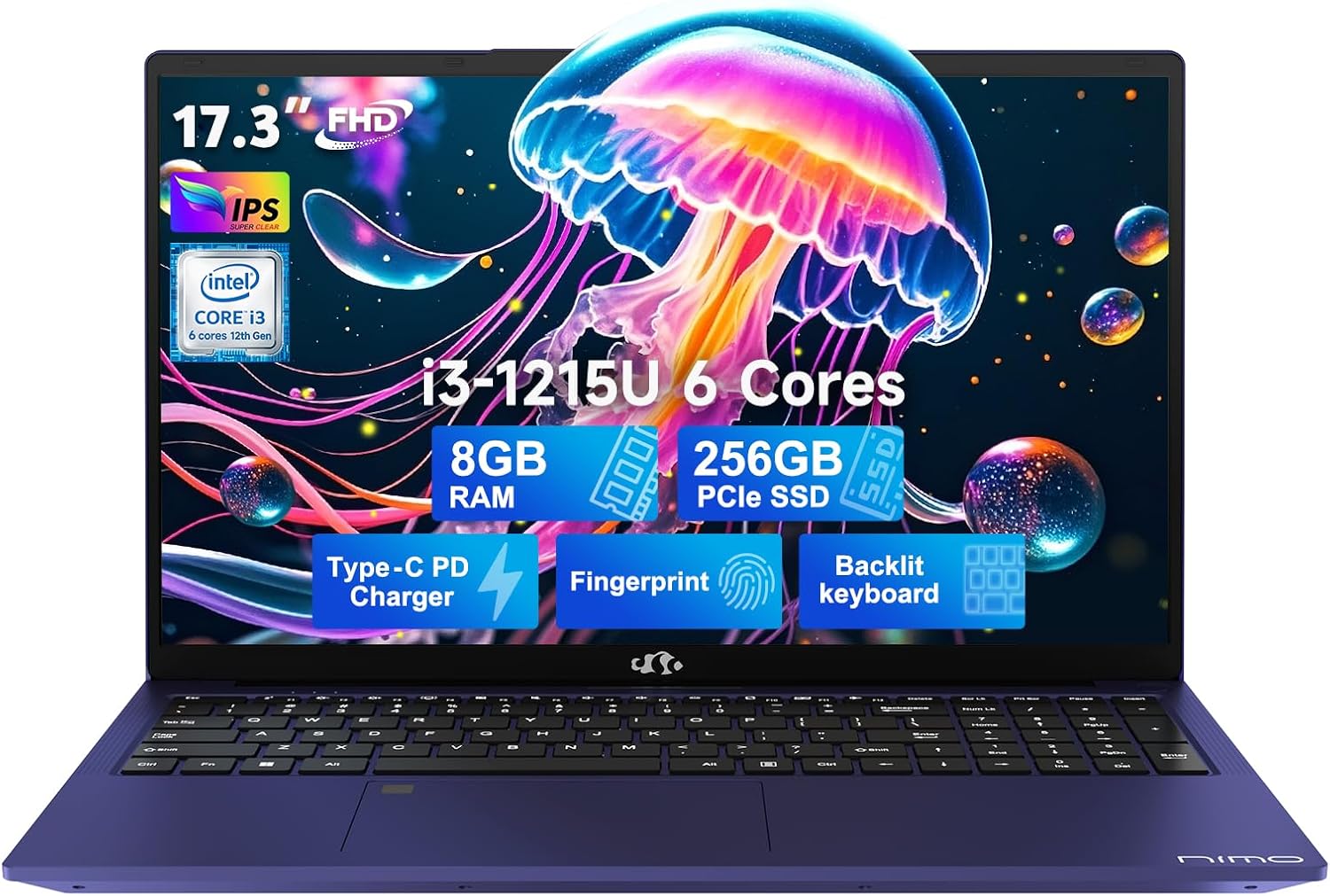 NIMO 17.3' IPS FHD-Business-Laptop, Intel 6 Core i3-1215U (Beat i5-1135G7 Up to 4.4GHz) Computer with 65W Type C 8GB RAM 256GB SSD Fingerprint Backlit Keyboard Wi-Fi 6 Numpad Win 11