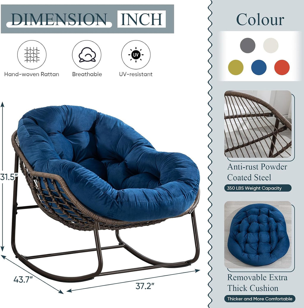 Outdoor Rocking Chair Set of 2, Patio Oversized Rattan Egg Rocking Chair, Indoor Outside Padded Cushion Rocker Recliner Chair, Modern Lounge Chair for Front Porch, Garden, Backyard, Balcony, Navy Blue