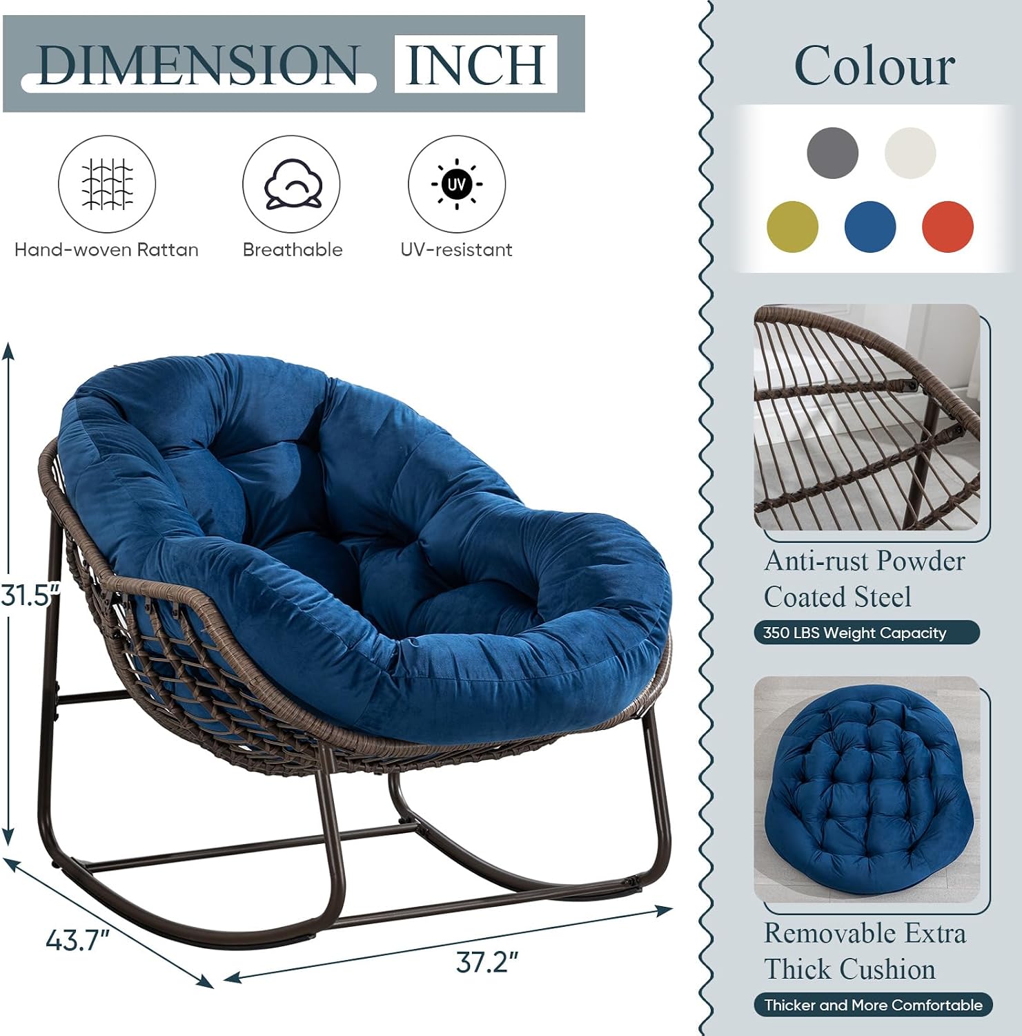Outdoor Rocking Chair Set of 2, Patio Oversized Rattan Egg Rocking Chair, Indoor Outside Padded Cushion Rocker Recliner Chair, Modern Lounge Chair for Front Porch, Garden, Backyard, Balcony, Navy Blue