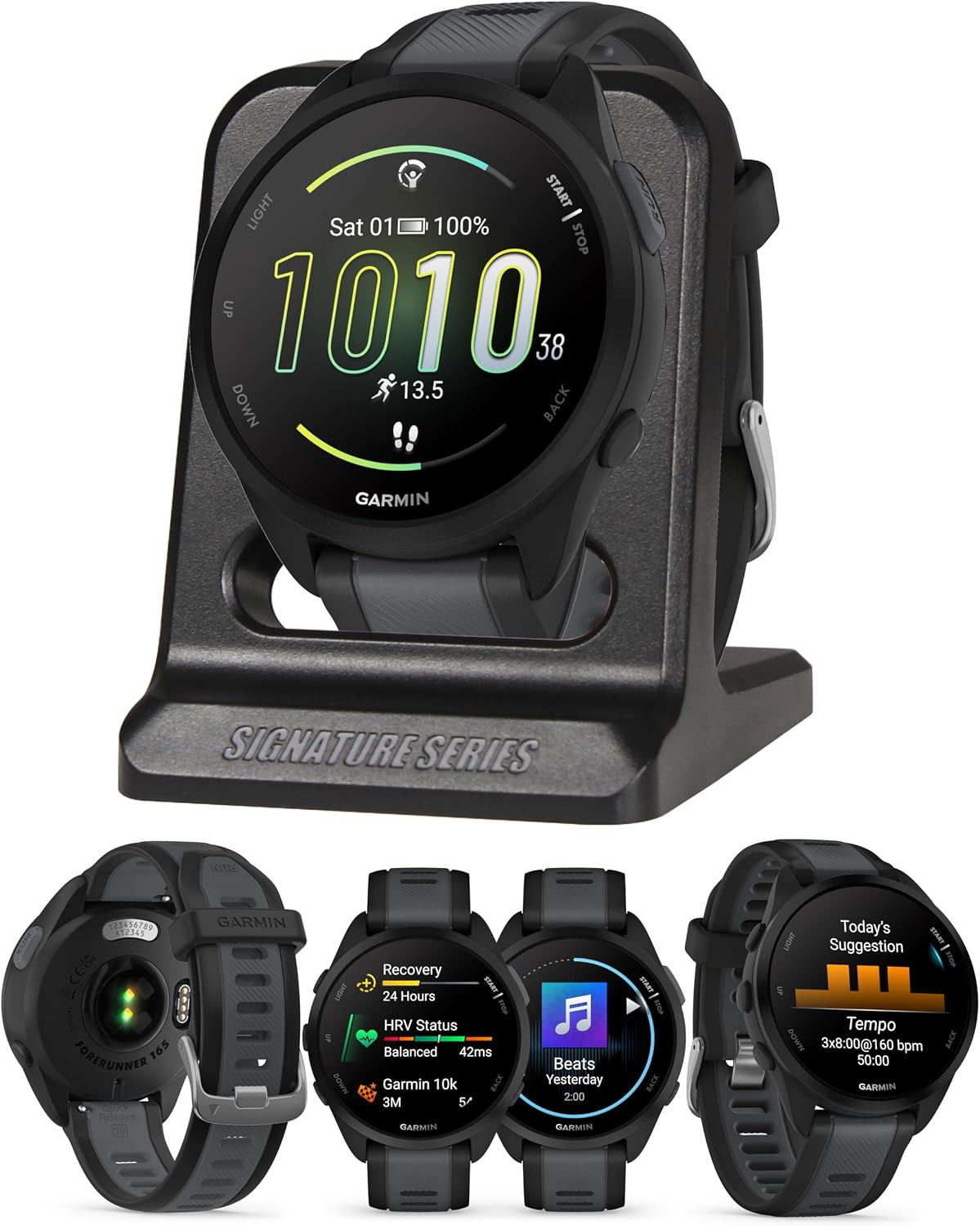 Garmin Forerunner 165 GPS Smartwatch, Black/Slate Gray | AMOLED Display, Daily Workouts, PacePro | Signature Series Modern Power Stand Bundle