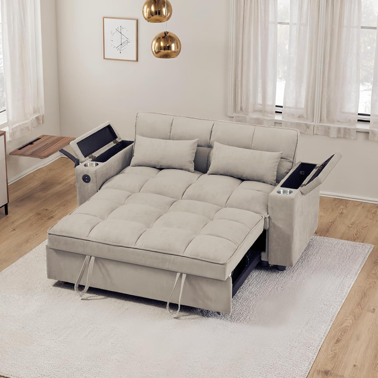 oaaktu Large Size Convertible Sleeper Sofa Bed,Polka dot Velvet Pull Out Futon Couch with Storage handrails & Rotating Side Tables,Convertible Sofa Couch for Living Room,RV (Khaki)