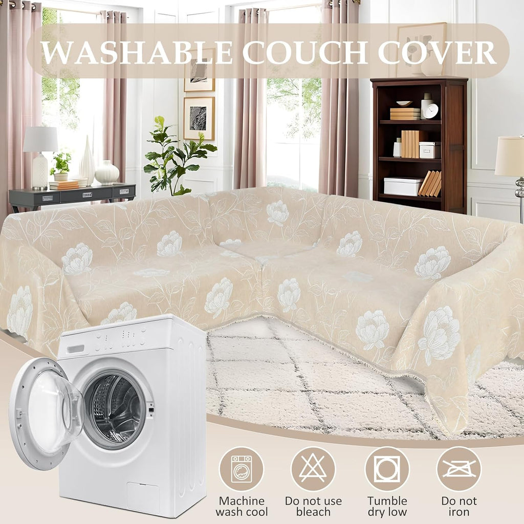 1OO% Waterproof Sectional Couch Covers for Dogs L Shaped Corner Sofa Cover Washable Chenille Sofa Slipcovers Blanket Modern Jacquard Pet Furniture Protector (91'x252', Beige Flower)