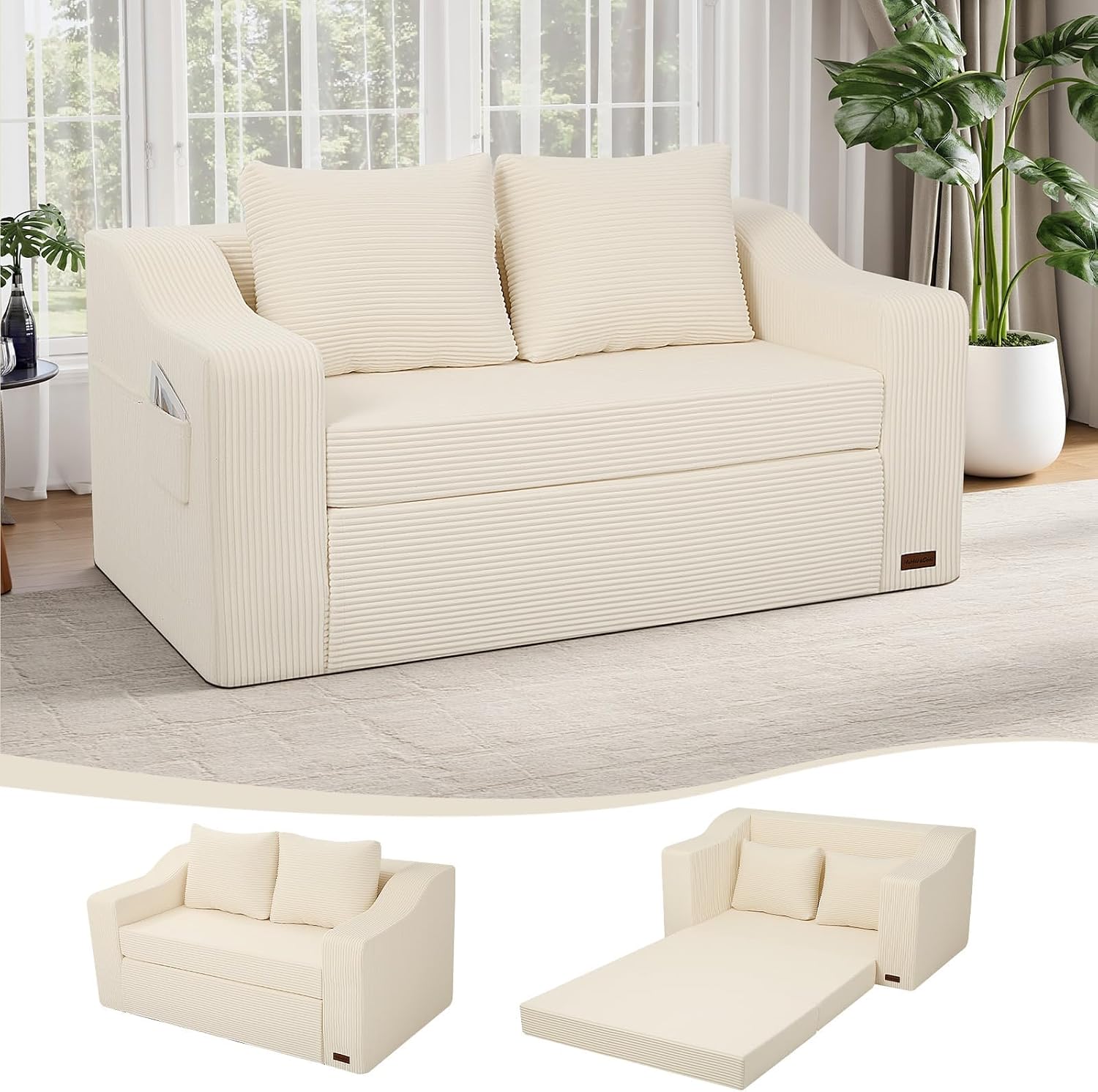 MeMoreCool Convertible Sofa Bed, Pull Out Loveseat Sofa Sleeper Couch for Bedroom Living Room Lounge, 2 in 1 Small Couch Bed with Pillow, Foldable Love Seat Futon Corduroy Beige