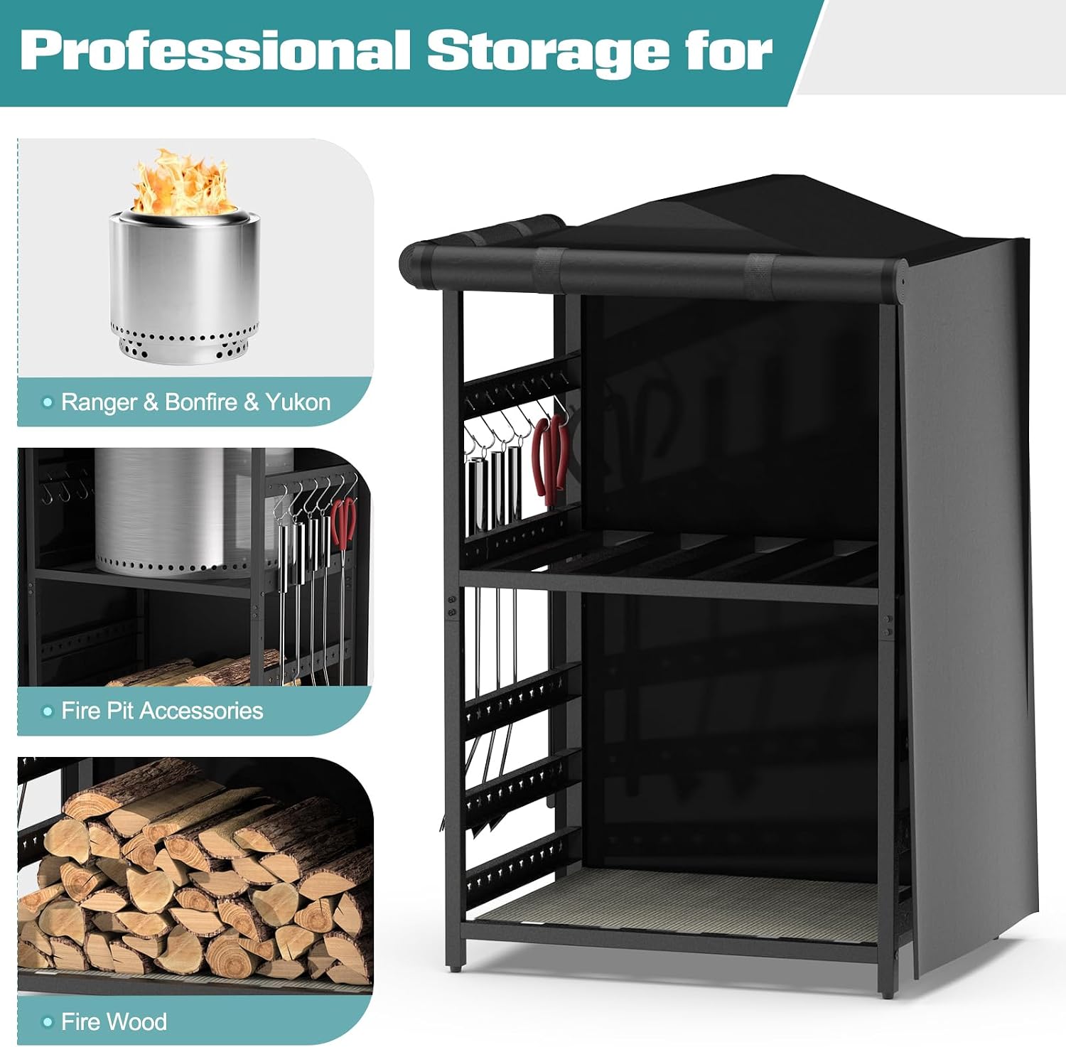 Storage Station for Solo Stove Bonfire 2.0, Yukon, Ranger, Storage for Fire Pit Tools and Accessories, Firewood Rack Outdoor with Waterproof Cover, Iron Black