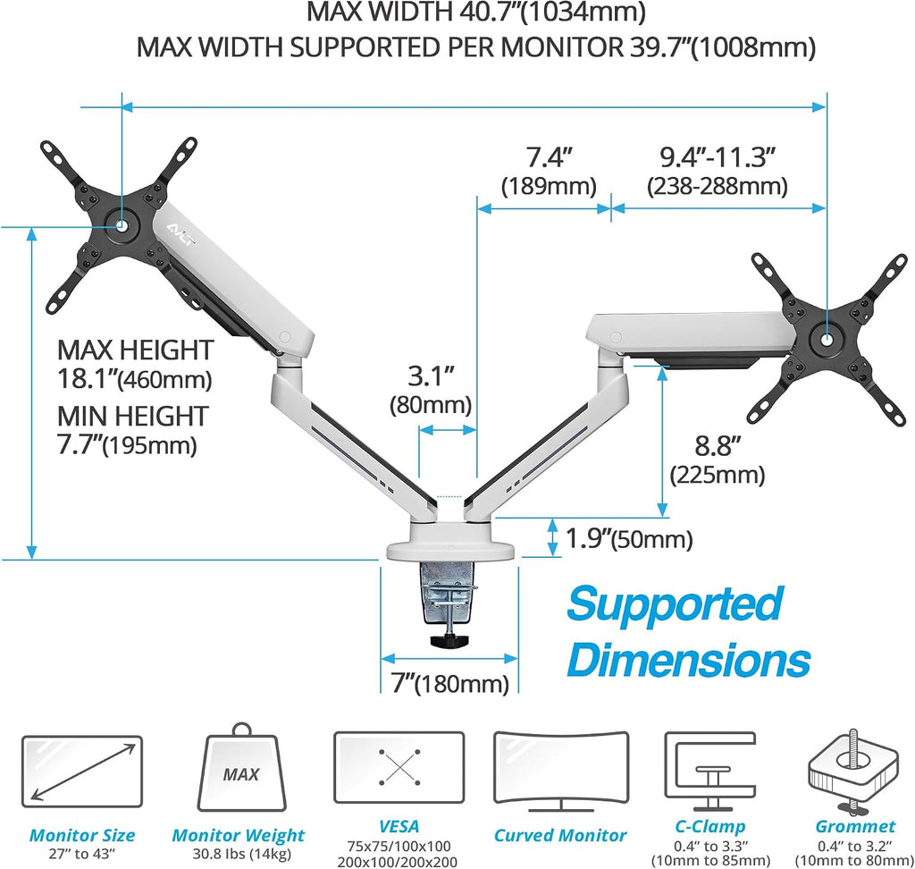 AVLT Dual 27'-43' RGB Gaming Monitor Arm Desk Mount Built-in 20 Lighting Modes Touch Button Control Fits Flat/Curved/Ultrawide Screen Height Swivel Tilt Rotation Adjustable Stand -White