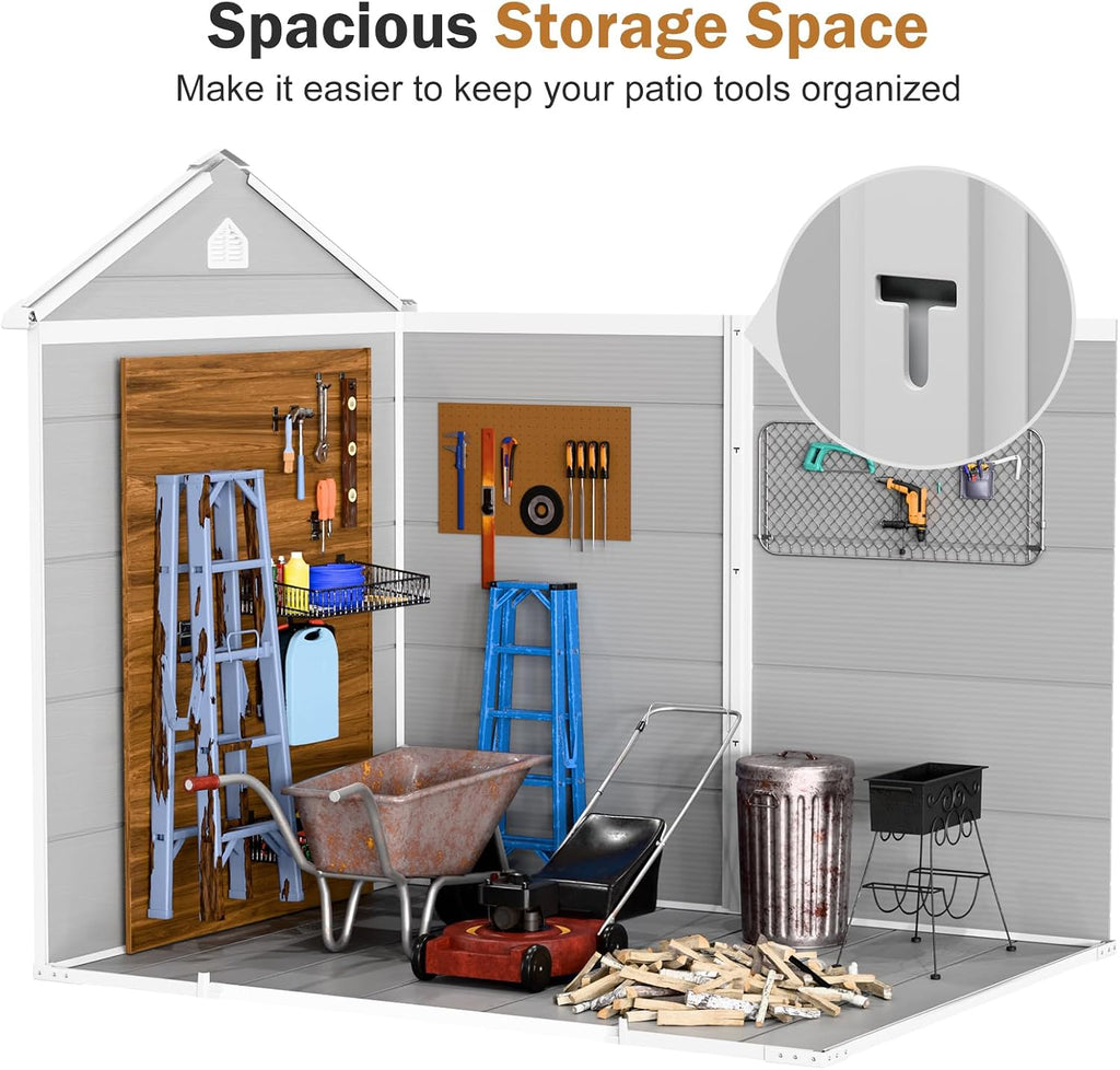Outdoor Resin Storage Shed 8x6x7 FT with Floor 2 Windows, Reinforced Frame Large Waterproof Plastic Garden Sheds Kit with Base for Backyard Patio Lawn Tools Storage, Gray