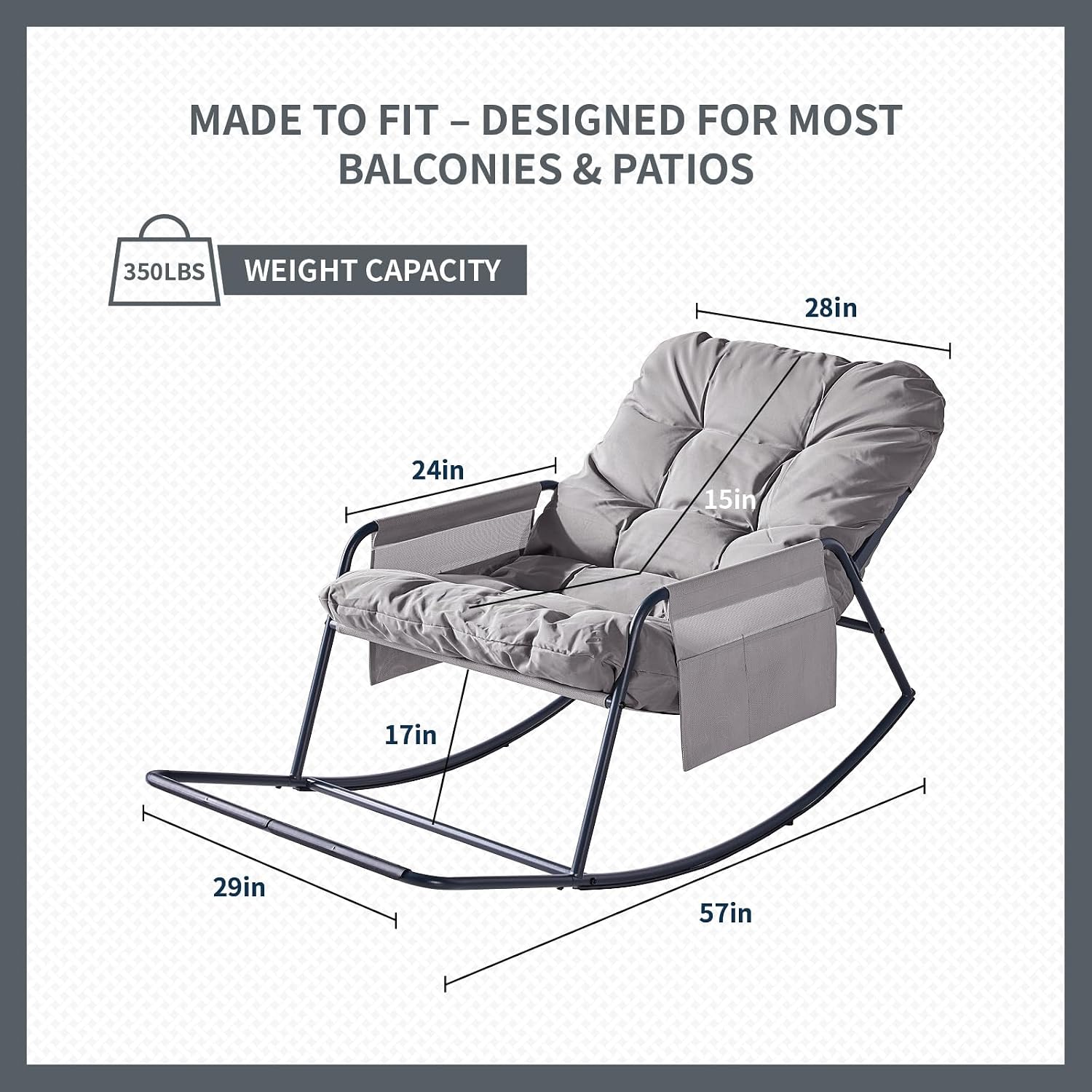 Outdoor Rocking Chair, Modern Cozy Lounge Patio Rocker, Indoor Reading Chair with Side Pockets, Anti-Slip Base for Bedroom, Living Room, Porch, Garden, Lawn