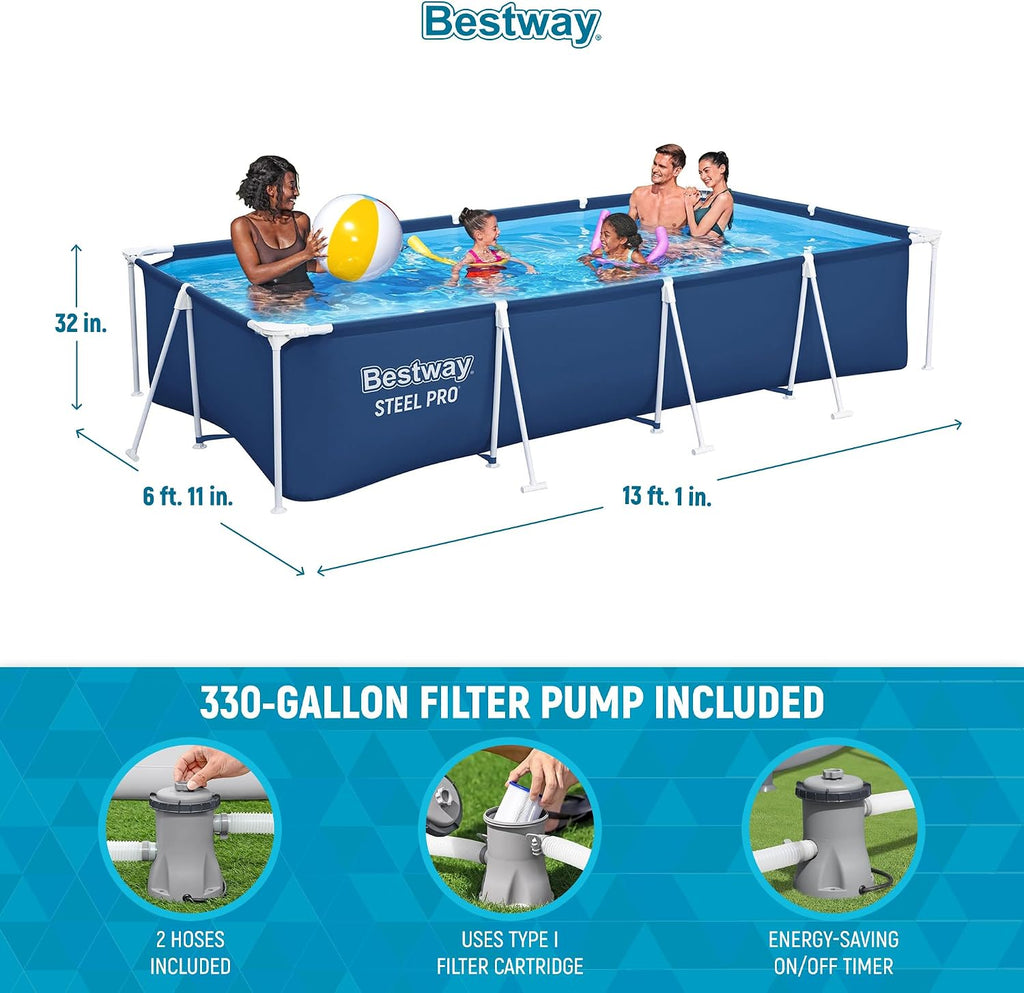 Bestway Steel Pro 13 Foot x 32 Inch Rectangular Above Ground Outdoor Pool Steel Framed Vinyl Swimming Pool with 1,506 Gallon Water Capacity, Blue