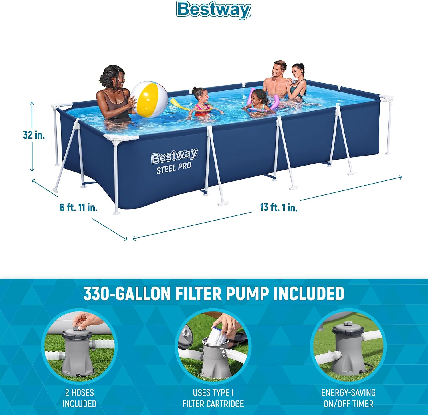 Bestway Steel Pro 13 Foot x 32 Inch Rectangular Above Ground Outdoor Pool Steel Framed Vinyl Swimming Pool with 1,506 Gallon Water Capacity, Blue