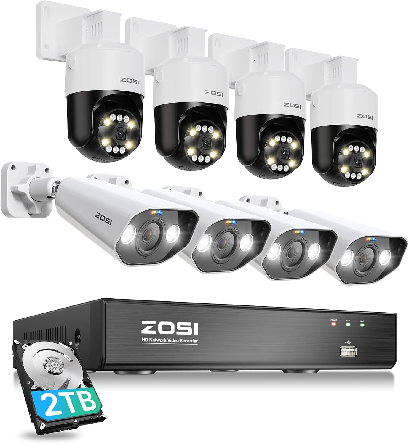 ZOSI 8CH (16CH Expandable) 4K PoE Security Camera System with AI Face Person Vehicle Detection, 8 Wired 5MP 3K Outdoor PT Bullet PoE IP Cameras, 2-Way Audio, 5X Digital Zoom, 2TB HDD, 24/7 Recording