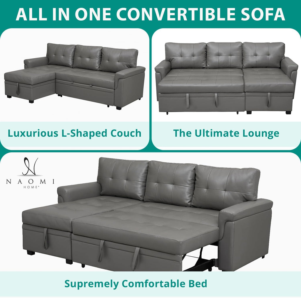 Naomi Home L Shaped Sectional Couch with Storage & Pull Out Bed – 3-in-1 Convertible Sleeper Sofa Bed, Small L Shape Sofa for Living Room, Sofa Bed with Storage Chaise in Gray, Air Leather