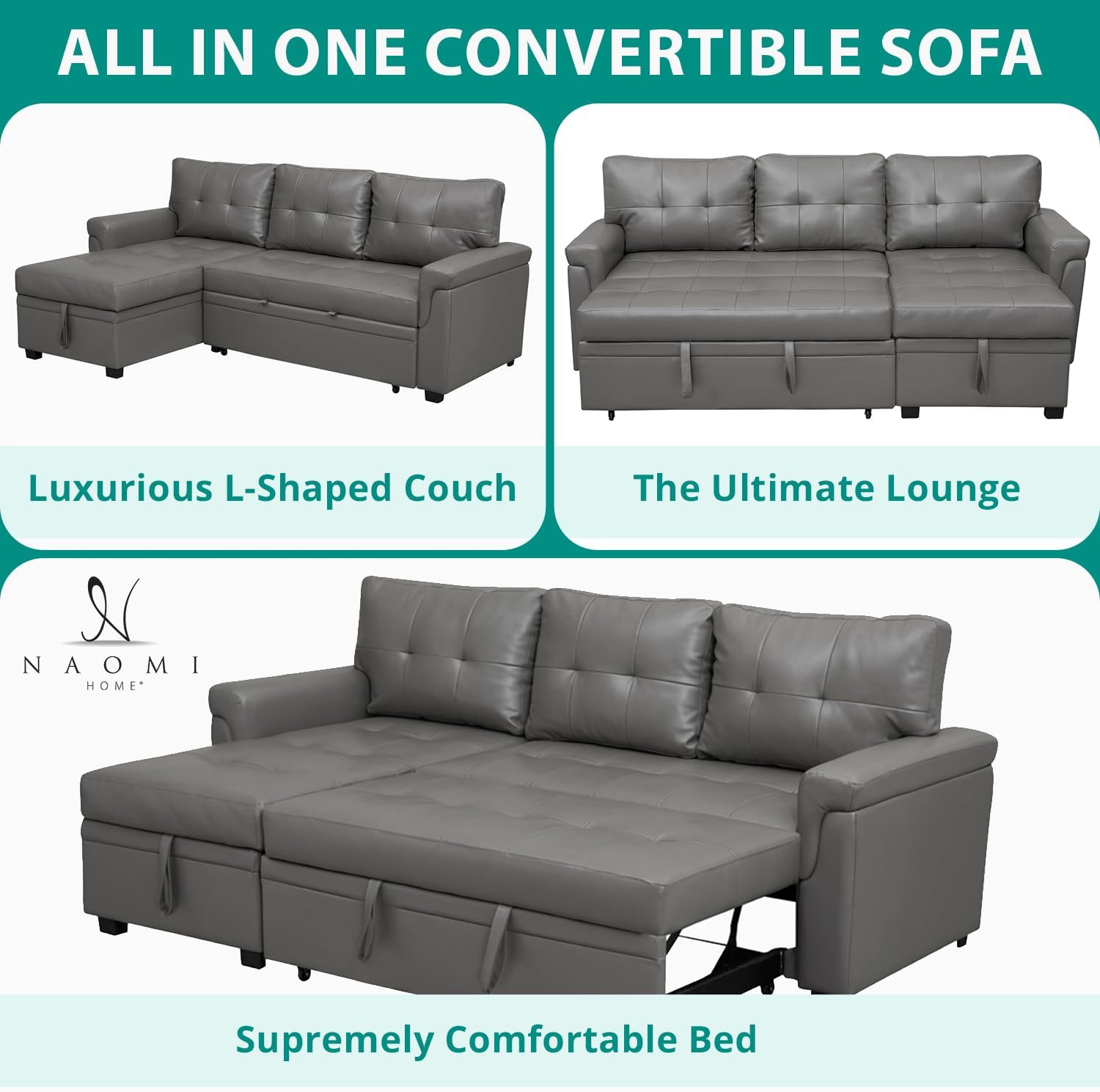 Naomi Home L Shaped Sectional Couch with Storage & Pull Out Bed – 3-in-1 Convertible Sleeper Sofa Bed, Small L Shape Sofa for Living Room, Sofa Bed with Storage Chaise in Gray, Air Leather