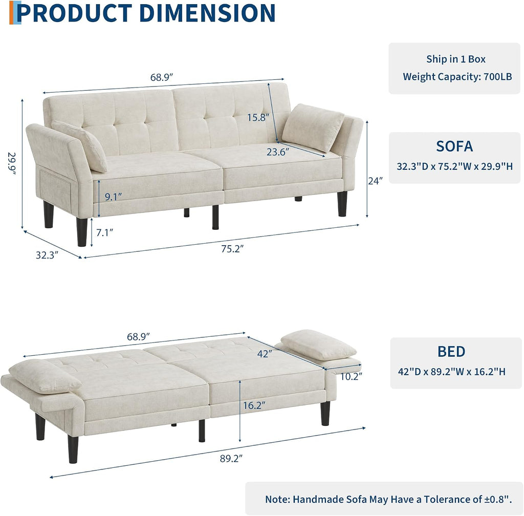 Garvee 89' Futon Sofa Bed, Modern Futon Couch Bed with Adjustable Backrest & Armrest, Comfy Convertible Sleeper Couch for Living Room Bedroom Apartments, Beige