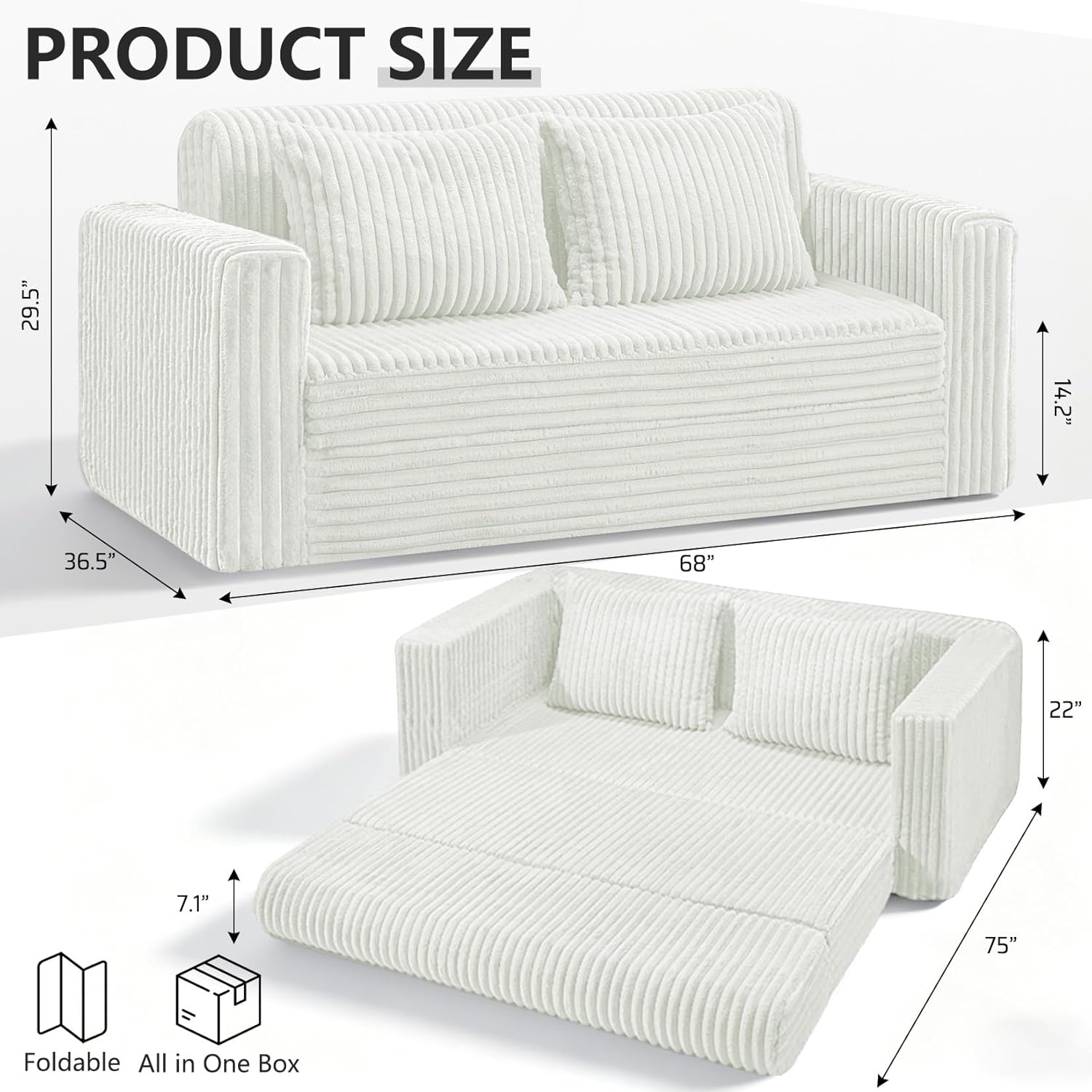 HABUTWAY Folding Sofa Bed, 2 in 1 Convertible Sleeper Chair with 2 Pillows, Portable Fold Out Chair Bed with Armrest, Comfy Floor Couch, Lazy Sofa for Living Room Bedroom Dorm Home Office, Beige